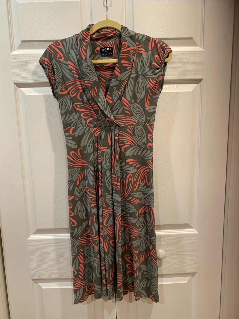 BCBG Paris Olive and Coral Print Twist-Front Dress